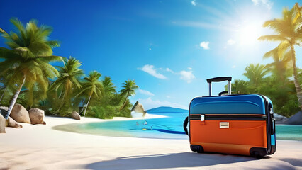 Vacation Travel Time Banner - Open Travel Suitcase with Exotic Destination Inside