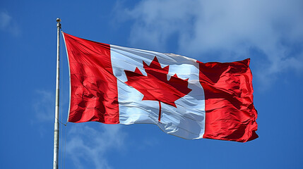 Canadian flag waving proudly against a clear blue sky. Celebrate Canada Day with this iconic symbol of national pride and unity. Perfect for patriotic and national themes