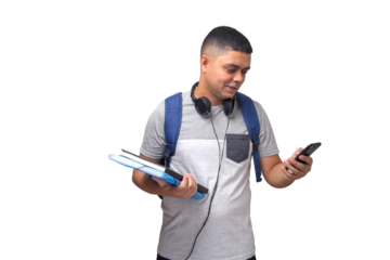 Student with backpack, notebooks and cell phone in hands. Back to school concept. university concept. Neutral background.