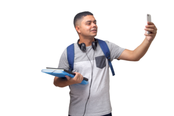 Student with backpack, notebooks and cell phone in hands. Back to school concept. university concept. Neutral background.