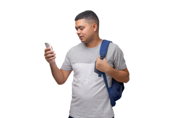 Student with backpack, notebooks and cell phone in hands. Back to school concept. university concept. Neutral background.