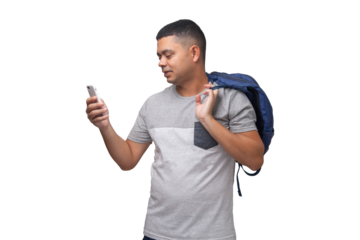 Student with backpack, notebooks and cell phone in hands. Back to school concept. university concept. Neutral background.