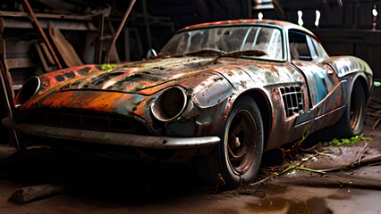 Rusted Sports Car Covered in Spider Webs: Damaged in an Ancient Old House Garage