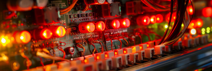 Obraz premium Close-up on the intricate wiring and electronic components inside a telecommunications control box with LED indicators lit up.