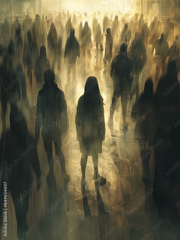 Poster a lone figure stands amidst a crowd of people, but their isolation is emphasized by the blurred back