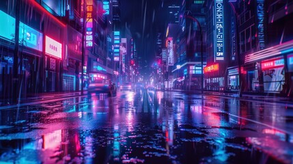 Obraz premium Futuristic cyberpunk city street fantasy digital image at night. AI generated