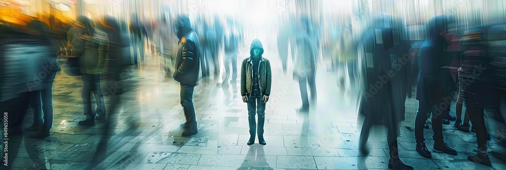 Poster A lone individual stands amidst a bustling crowd, their form sharp and in focus, while the surrounding people are blurred, emphasizing their isolation. Generative AI