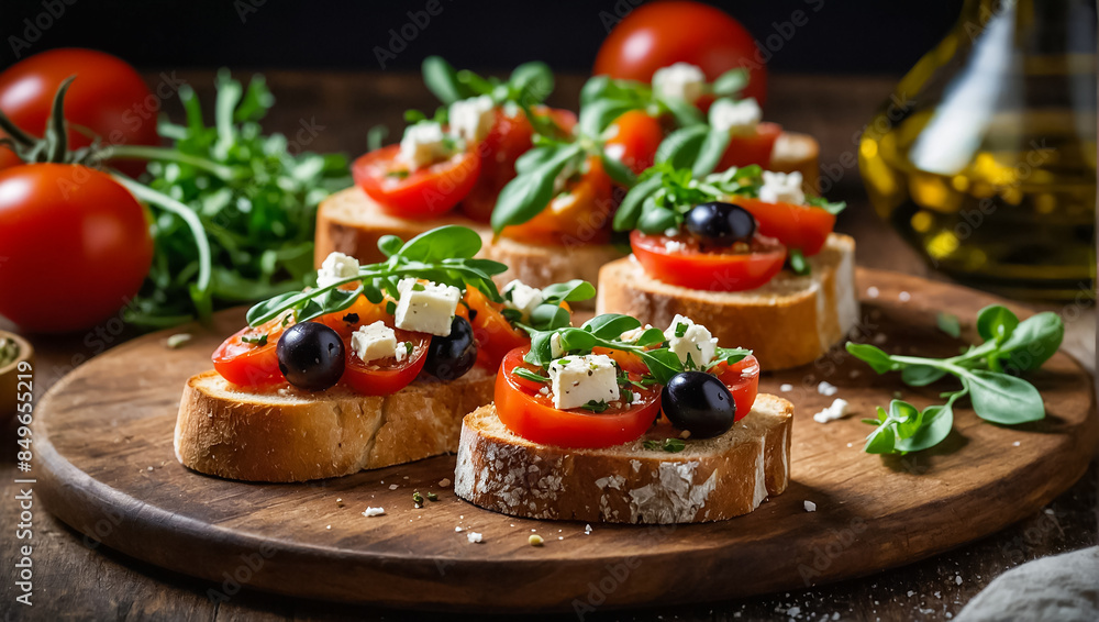 Wall mural Delicious bruschetta with tomatoes, cheese, traditional Italian food