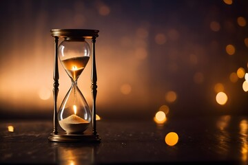 Hourglass with shining light, hourglass with sand inside on a table with blurry lights in the background