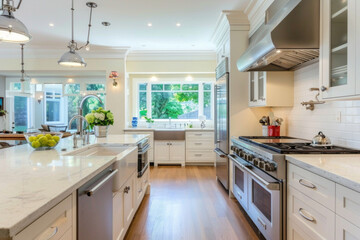 A modern kitchen with white cabinets and stainless steel appliances