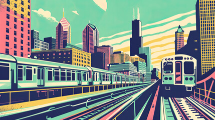 Naklejka premium Risograph print travel poster, card, wallpaper or banner illustration, modern, clear and simple of Chicago. Artistic, stylistic, screen printing, stencil, graphic design