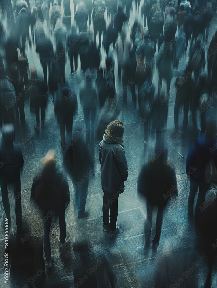 Poster A single person stands in a bustling crowd, seemingly disconnected and alone. The background is blurred, highlighting their isolation. Generative AI