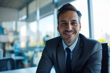 Fototapeta premium A businessman in a suit smiles confidently in a modern office setting