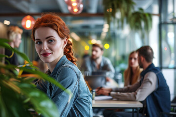 Fototapeta premium A young woman with red hair sits in a casual office setting, looking away from the camera