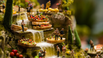 Miniature tourists taking photos beside an olive oil waterfall cascading down a stack of bruschetta in an Italian countryside setting made from various foods.