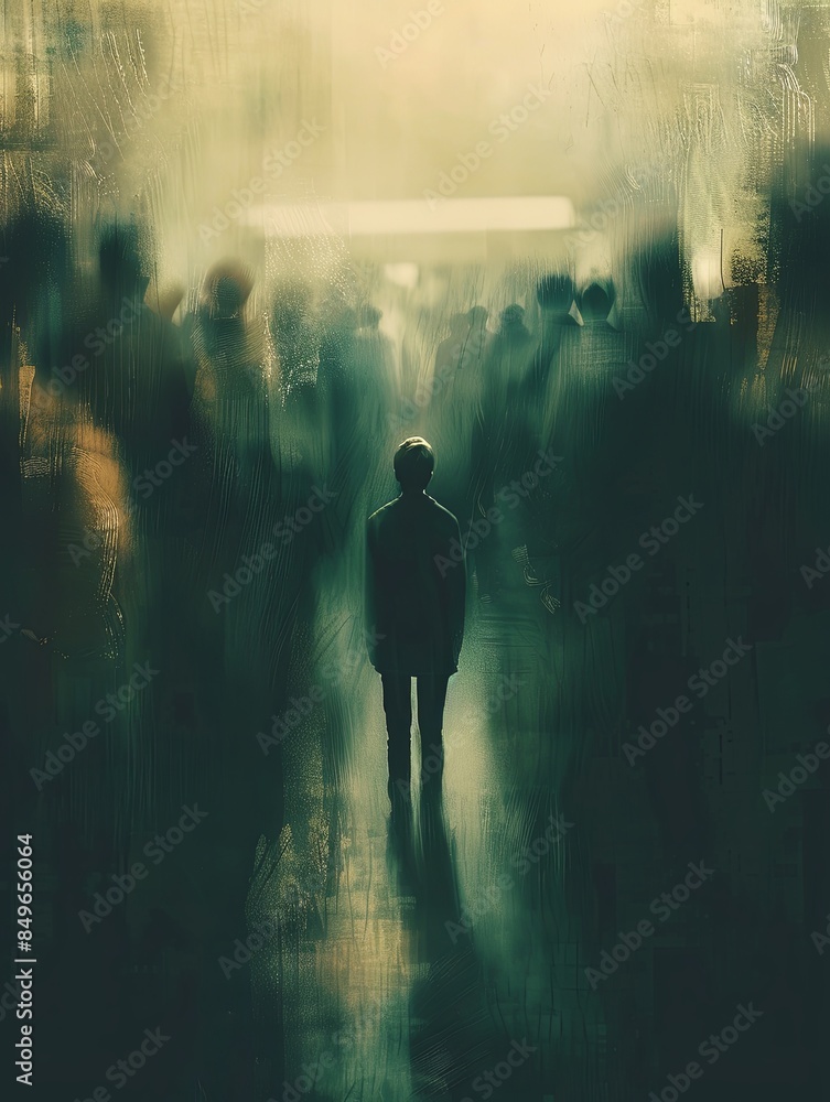 Poster a single person stands alone in a bustling crowd, their silhouette stark against the blurred backgro