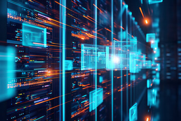 Obraz premium Digital data flowing through server racks in a data center