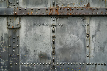 A close-up of a weathered metal panel with rivets and rust