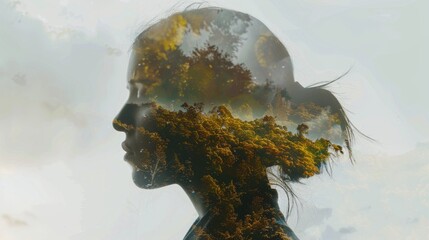 Abstract and imaginative double exposure portrait of a woman combined with a serene landscape