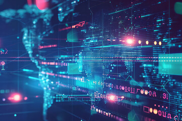 Abstract digital world map with data lines and code