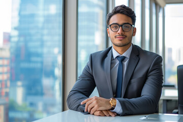 Fototapeta premium A businessman in a suit sits confidently at a desk in an office, looking directly at the camera