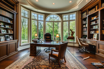 A well-lit home office with large windows, a large desk, and built-in bookshelves