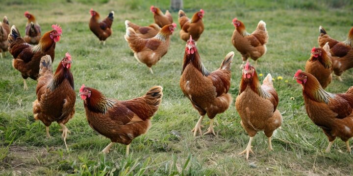 Group of chickens crossing grassy field