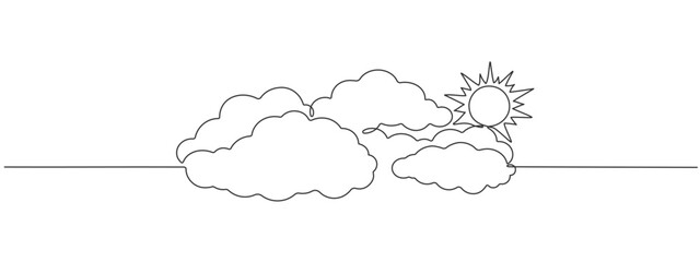 Continuous single line editable illustration of bright sun with clouds. Sunny summer weather one line design . Vector illustration