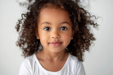 Naklejka premium Mixed Race Little Girl Isolated on a white Background Adorable Child Smiling Happy Playful Stylish Innocent Youthful Ethnic Cultural Portrait Studio Photography Bright Cheerful Fashionable