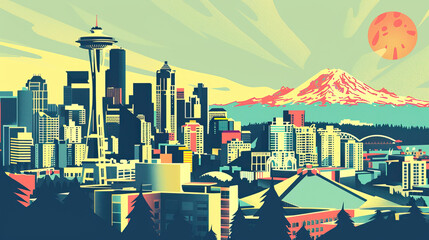 Risograph print travel poster, card, wallpaper or banner illustration, modern, clear and simple of Seattle, USA. Artistic, stylistic, screen printing, stencil, graphic design