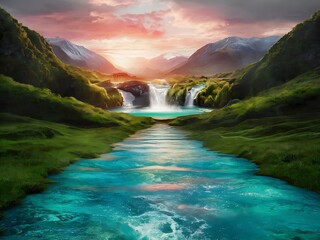 Enchanting Sunset Over a Magical Valley with Waterfall and River