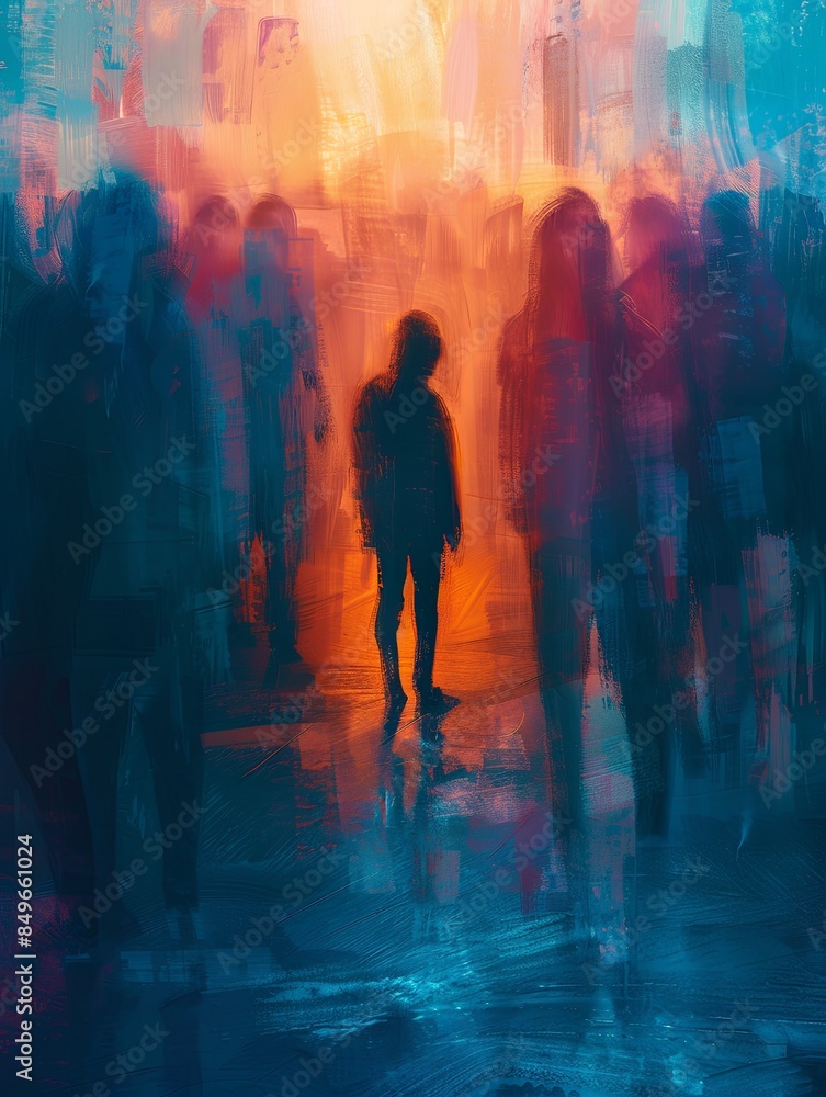 Poster a single person stands alone in a crowded room, their figure silhouetted against a blurred backgroun