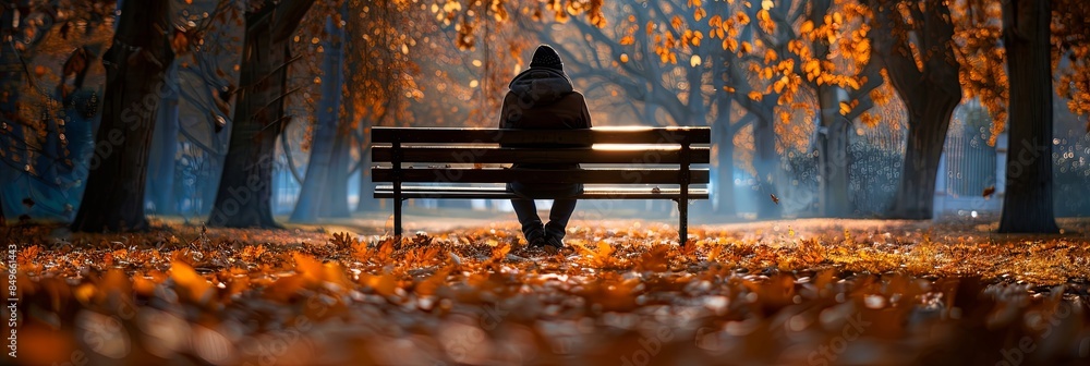 Poster a person sits alone on a park bench, their face obscured by shadows, as the sun casts a faint light 