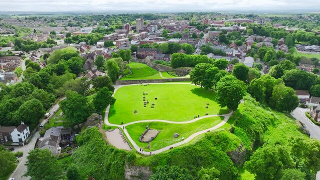 Pontefract Castle from a drone, Pontefract, West Yorkshire, England