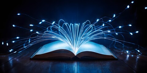 Modern digital book for learning in digital futuristic style, an open book with a glowing light coming out of it on a dark background with lines of lights and lines of lights