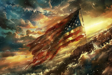 American flag waves dramatically in the wind against a backdrop of a colorful sunset sky, with clouds and rays of light streaming through.  The Independence Day 