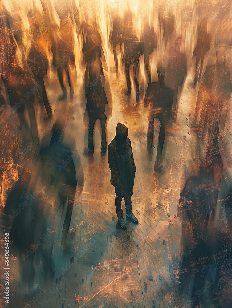 Poster A single person stands alone in a bustling crowd, their figure in sharp focus while the surrounding people are blurred, emphasizing their isolation. Generative AI