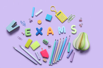 Obraz premium Composition with word EXAMS and different stationery on lilac background