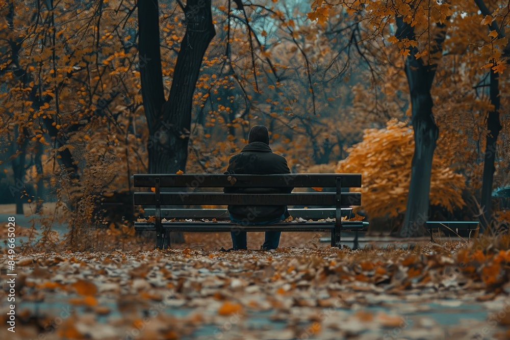 Poster a person sits alone on a bench in a park, surrounded by fallen leaves. the image evokes a sense of s