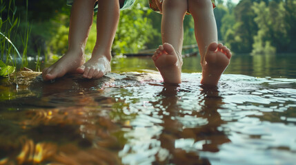 Children  relax and carefree. Kids legs  in clear and cool water, hot summertime. Two childrens bare feet dangling in lake on a sunny day