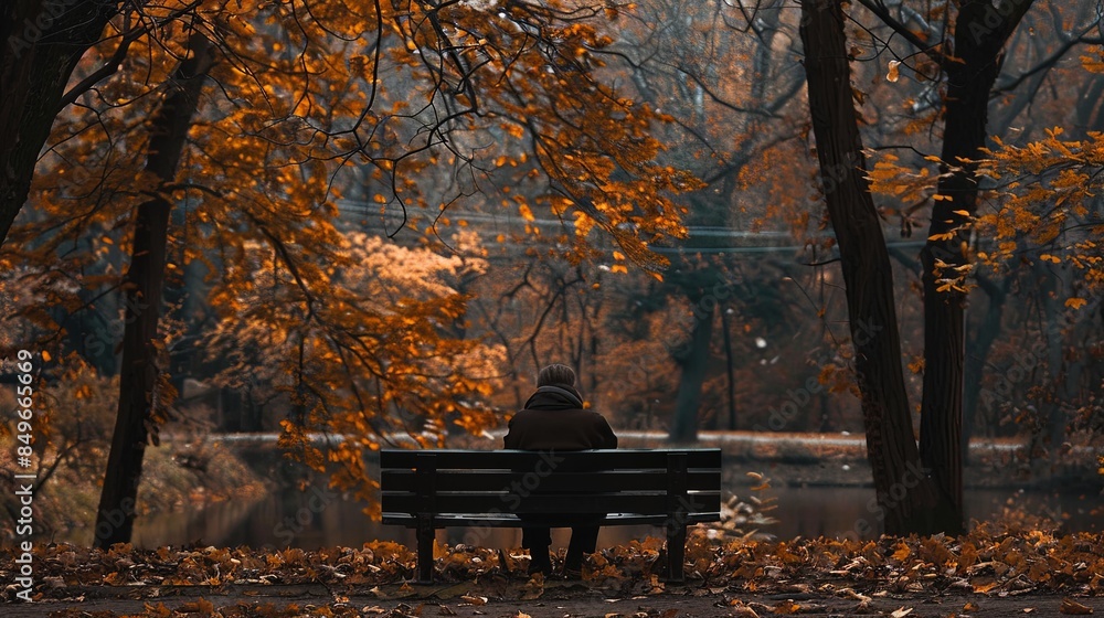 Poster a person sits alone on a bench in a park, surrounded by autumn leaves. the figure is partially obscu