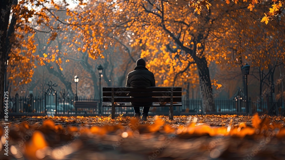 Poster a lone person sits on a bench in a park, shrouded in shadows with only a small beam of light from a 