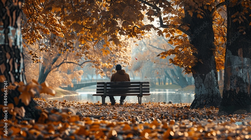 Poster a person sits alone on a park bench, surrounded by fallen leaves. the scene is bathed in soft, golde