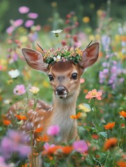 A baby deer amidst a field of colorful wildflowers
