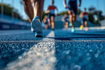 Athletics athlete run on treadmill, running track in sunset rays. Sportman in action
