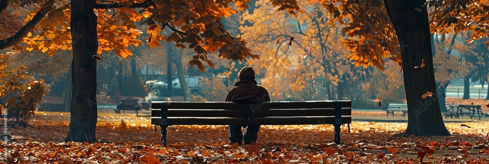Poster a person sits alone on a park bench, their back to the camera, surrounded by fallen leaves. a single
