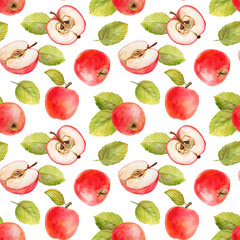 Watercolor seamless pattern red apples with leaves on a white background. Illustration for postcard, fabric, label design, thanksgiving and harvest day, for decoration tablecloth, cover, apron.