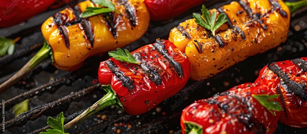 Wall mural Grilled red and yellow peppers on skewers