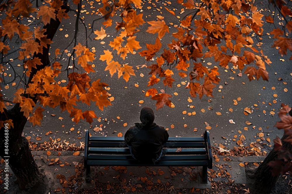 Poster a lone person sits on a bench, their face hidden in shadow, surrounded by fallen leaves in autumn. g