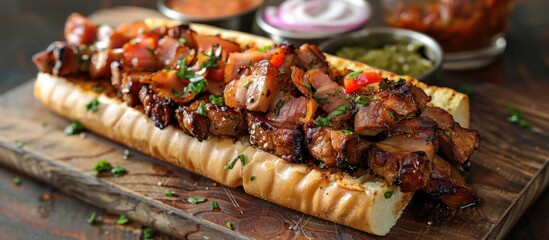 Close-up of grilled pork sandwich on wooden board